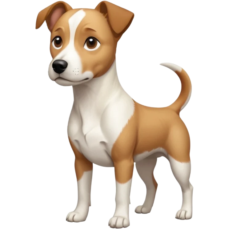 a full body facing front on of a buff white beagle cross jack russell terrier looking dog the size of a kelpie with light brown long ears resting on its face and a light brown patch above one eye and a large snout. the rest of the dog is completely white.  emoji