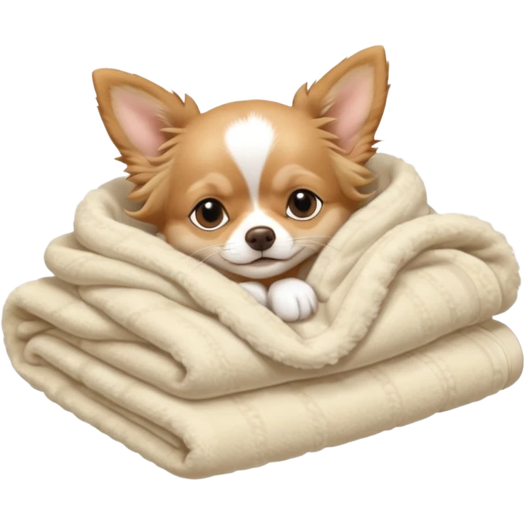Long haired chihuahua, beige, no white on head, with white chest and white socks, sleeping cutely under blanket emoji