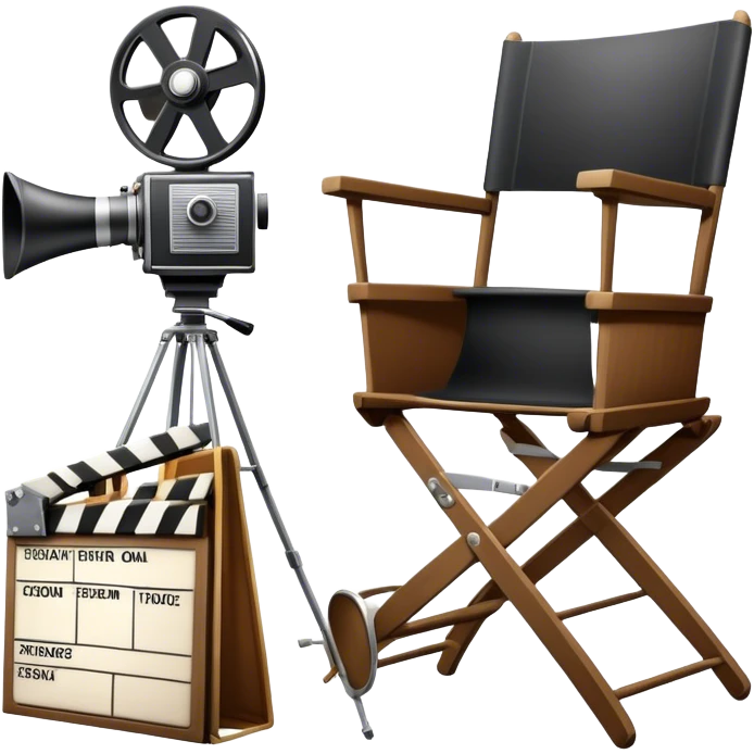 Icon for Directing: a director's chair, a film clapperboard, large movie camera, vintage megaphone and a stage with a spotlight. The icon should represent the creative and organizational aspects of directing, with focus on storytelling, staging, and performance. Transparent background. emoji