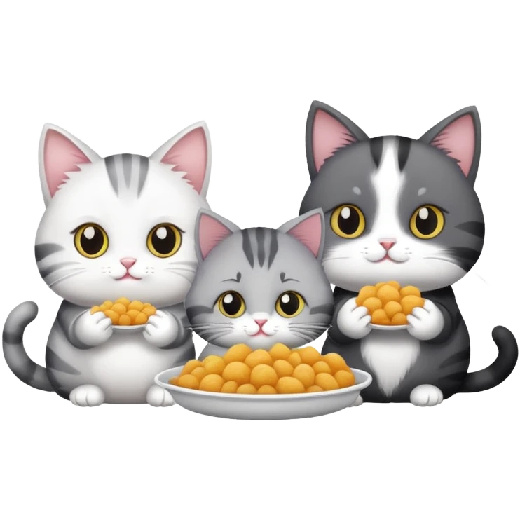 One black and white cat and two gray cats eating food emoji