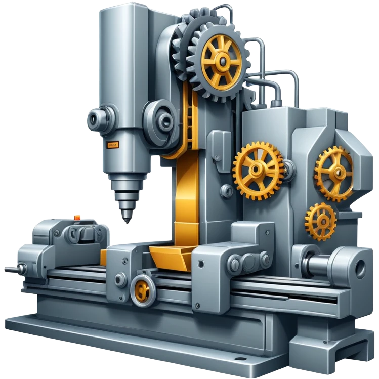 An icon featuring a giant machine tool in a factory, manufacturing machines. The design includes gears, mechanical parts, and a production line, representing the art of mechanical engineering and industrial design. Transparent background highlights precision engineering and manufacturing processes. emoji