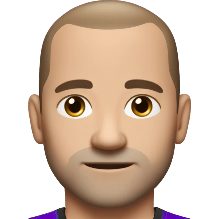 45-year-old man with a slightly round face, very short, almost shaved hair with a small central crest and a slightly receding hairline. He has blue eyes, subtle stubble, and wears a black and purple soccer jersey. emoji