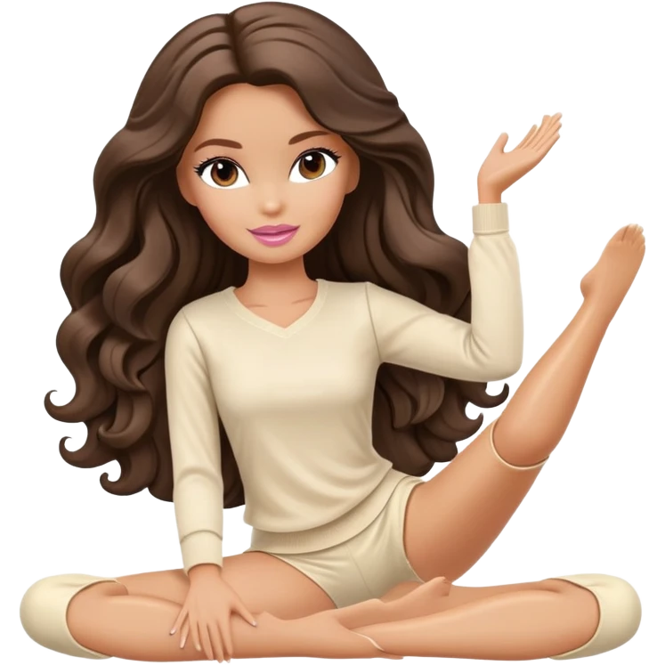 A white Barbie girl with long dark brown wave hair in a cream clothes Sitting on the splits emoji