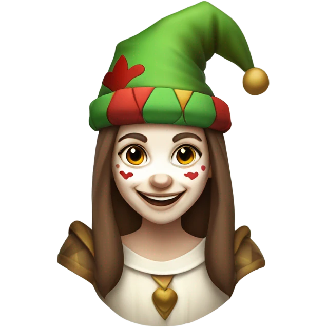 white skinned smiling medieval jester girl with clown face paint wearing a medieval jester hat with straight long brown hair with a big smile  emoji