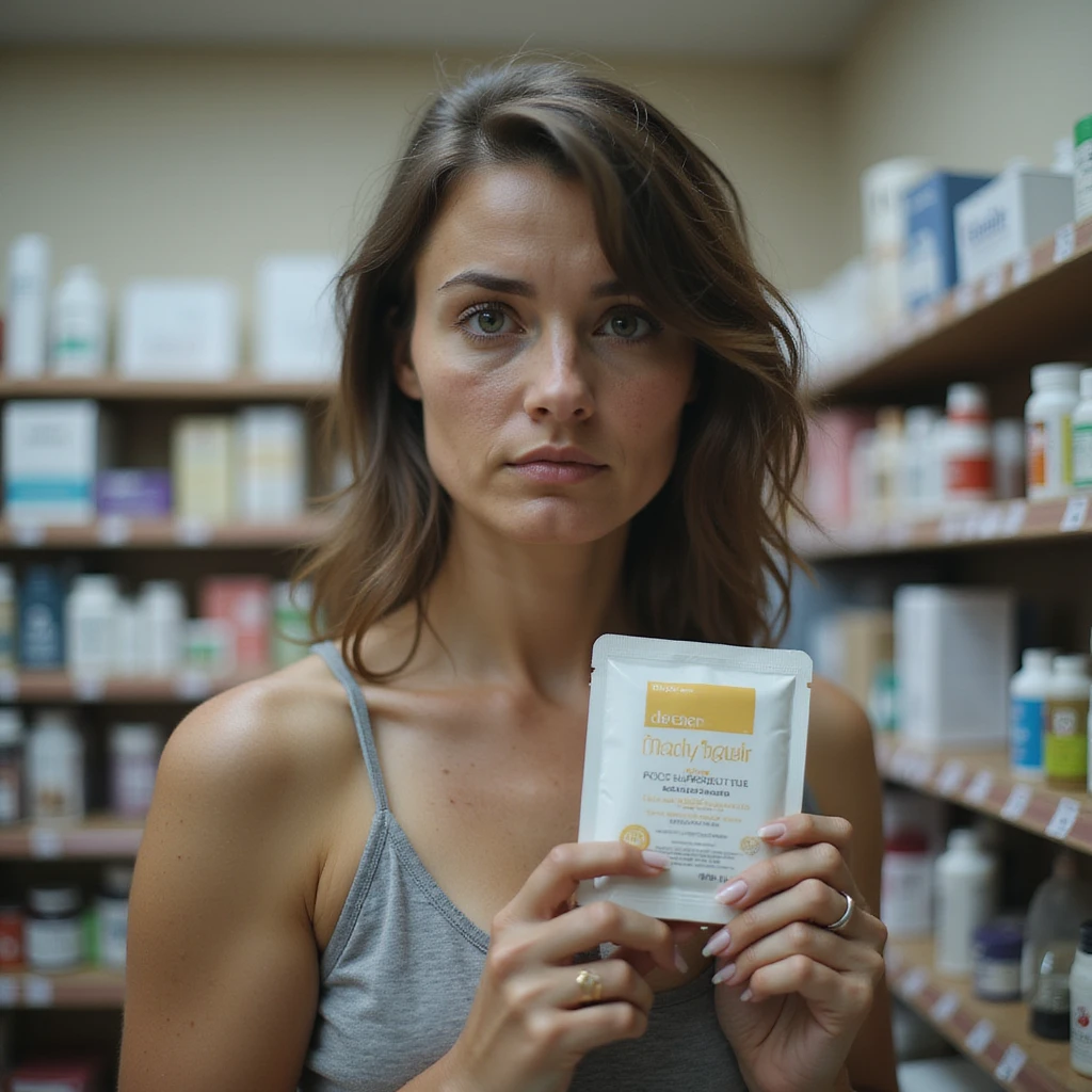 hyperrealistic 4K image of a woman with PCOS in a pharmacy holding a package of hair supplements, face with acne, very thinning hair, hopeful but worried look emoji