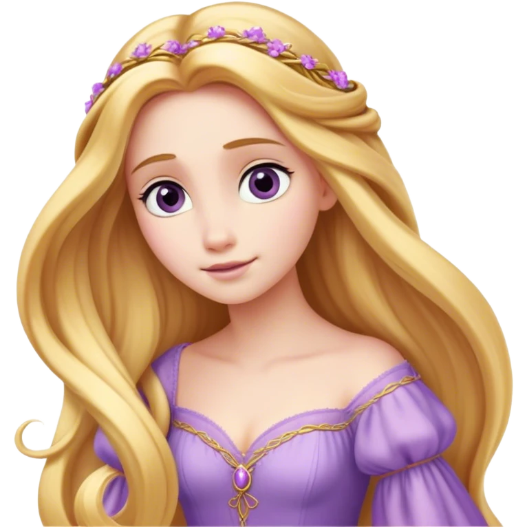 Cinematic Elegant Rapunzel Portrait Emoji, rendered in a realistic, vector-style with minimal shading and bold, simplified shapes. Depict Rapunzel (chest and above) with fair, porcelain skin, long, flowing golden hair cascading gracefully, and soft, gentle eyes, wearing her iconic light purple gown. The image glows with a soft, enchanting radiance and high shine, capturing timeless fairy-tale beauty. emoji