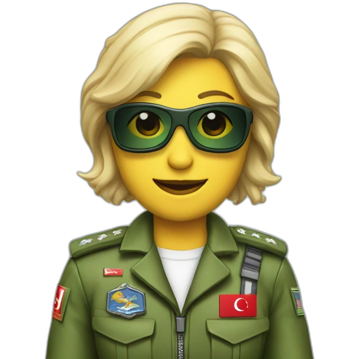 Blonde military Pilot with green uniform which is has a Turkish flag on right arm, pilot badge on chest, wearing sunglasses   emoji