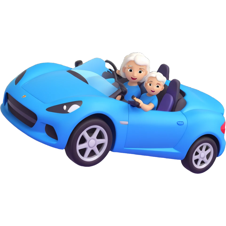 Make the entire image 30% more realistic, including the mother with white hair and the blue sports car, keep fast and furious vibe, dynamic motion effects, sporty 3D emoji style, no background. emoji