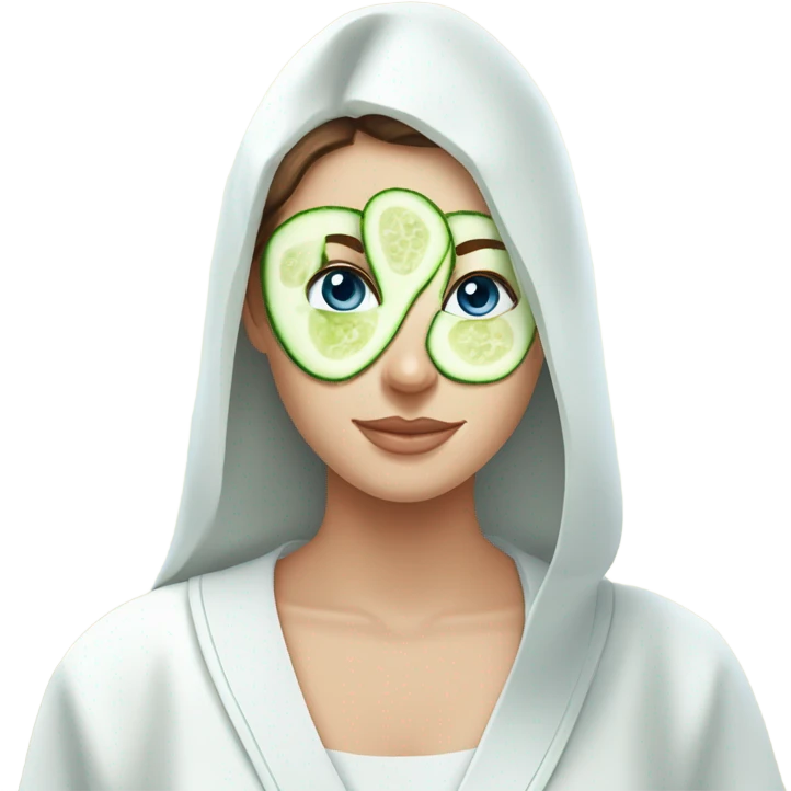 White girl with Brown hair and blue eyes wears a Green colored skincare textured mask and puts on cucumbers around her eyes while She relaxes in her white Robe emoji