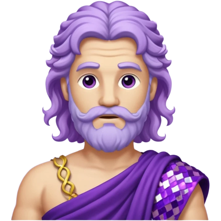 Zeus from Roman Deities with long lilac wavy hair, purple sequin toga emoji