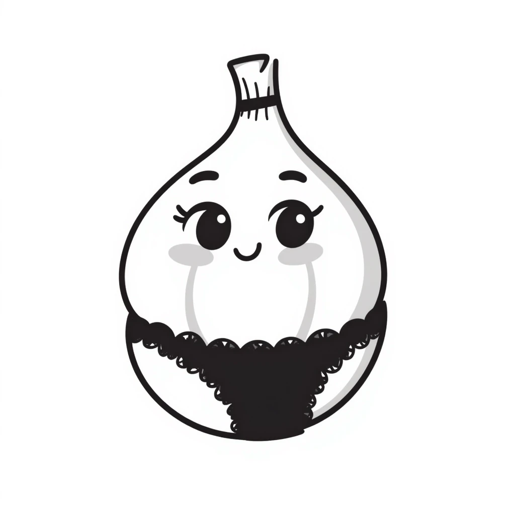 doodle style drawing of a garlic bulb with feminine features and lacy panties, hand-drawn look emoji