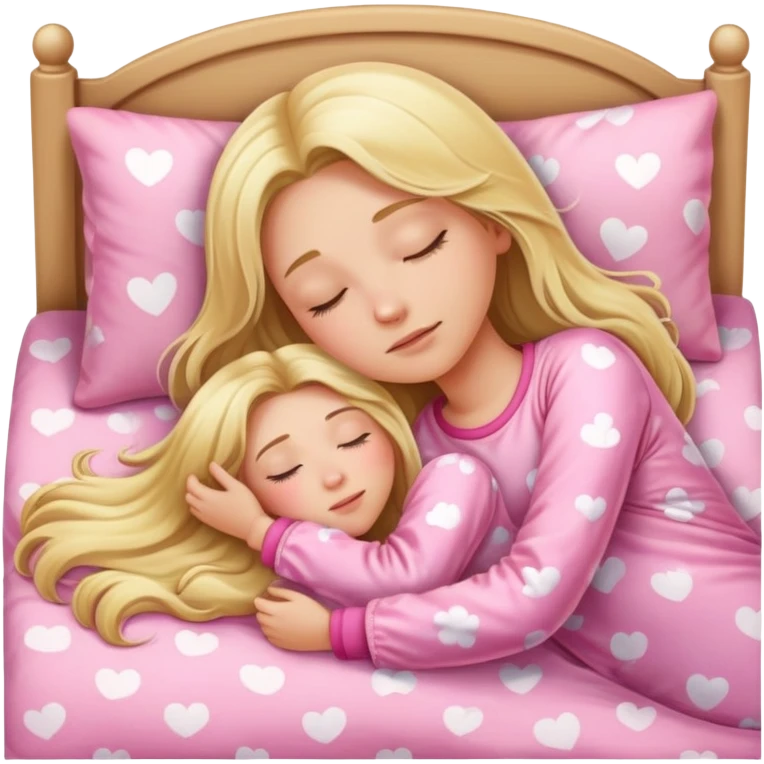 One adult blond girl with long hair in pink Pajamas is sleeping in the bad  emoji