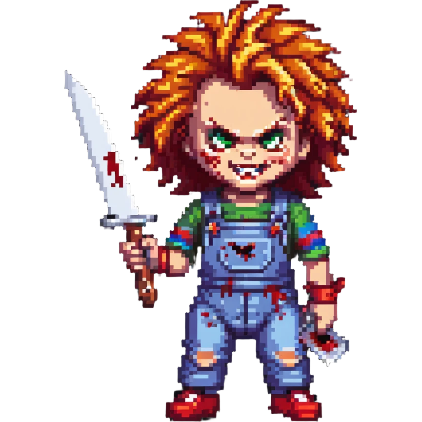 Chucky with wild hair, evil grin, holding a bloody knife emoji