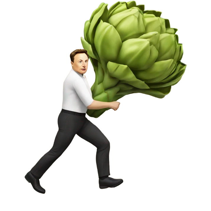 Elon musk running with a artichoke  emoji