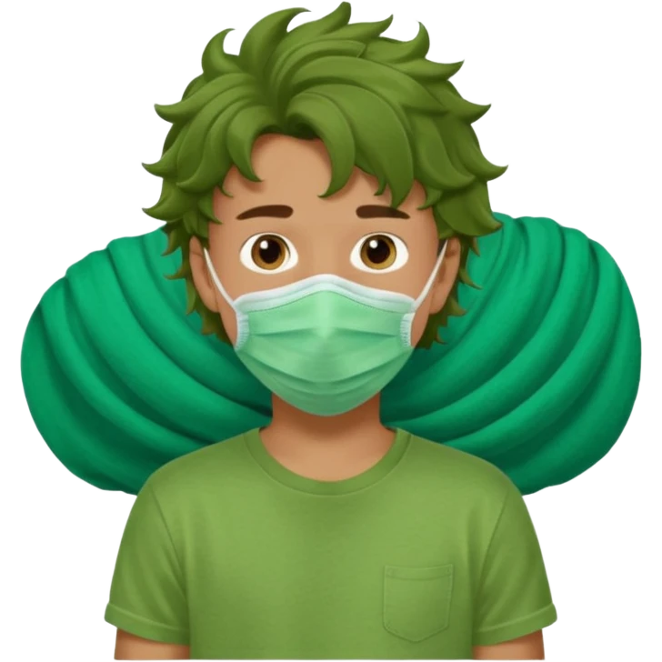 A teenage boy, tanned, wearing a green t-shirt , blue jeans and green sneakers with brown wavy tousled hair, , wearing a green cloth face mask emoji