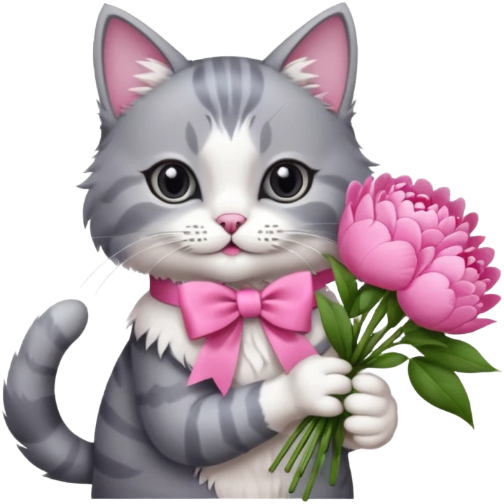 Cute cat Handing pink peonies like reaching a hand and handing them out a bouquet of them not a physical hand the cats hand  make the cat fluffy and grey and white fluffier make the cat wear a pink coquette make her wear a pink coquette emoji