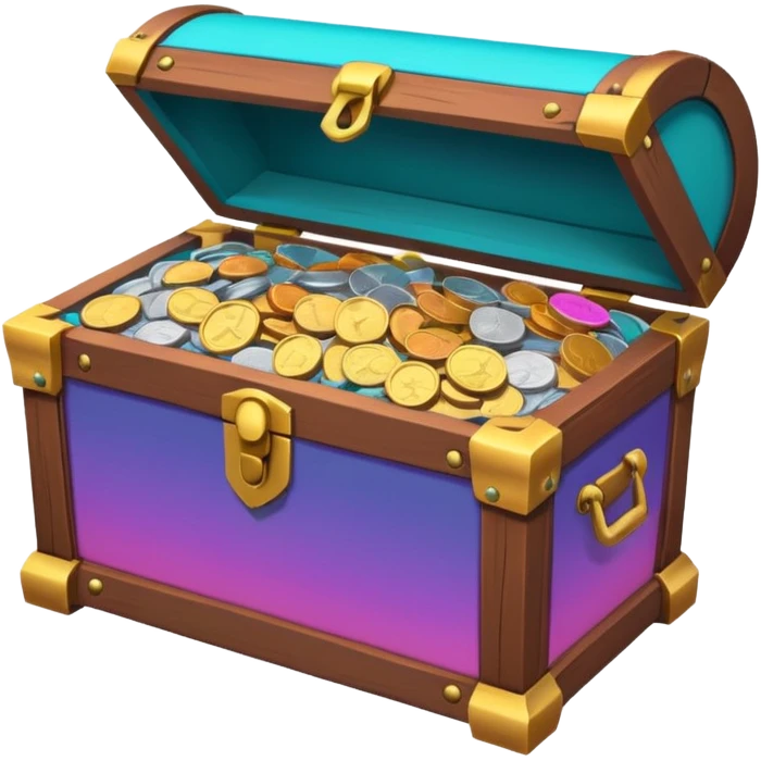 wooden brown treasure chest filled with  coins 
Change coins color in in gradient of turquoise, blue, pink, purple, and coral emoji