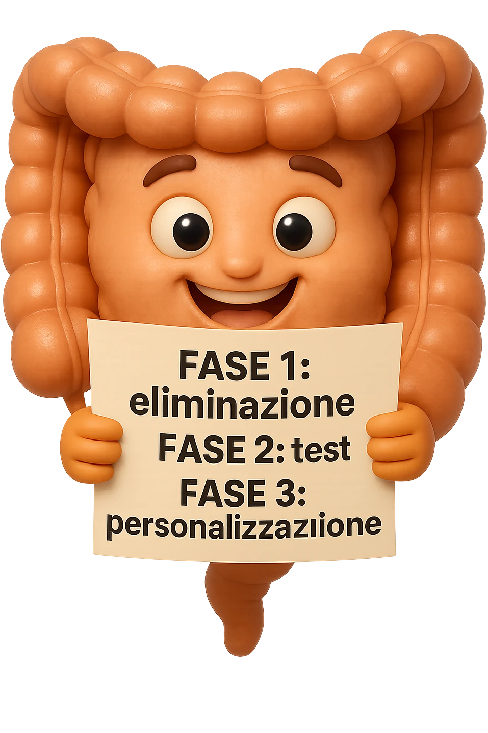 emoji stile iphone 3d di un intestino che tiene in mano un foglio con la scritta "FASE 1: eliminazione, FASE 2: test, FASE 3: personalizzazione, IPERREALISTICO 4K emoji