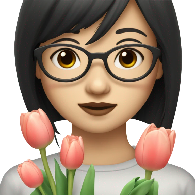 asian pale skin girl with long black shaking hair and bangs and glasses holding tulips emoji