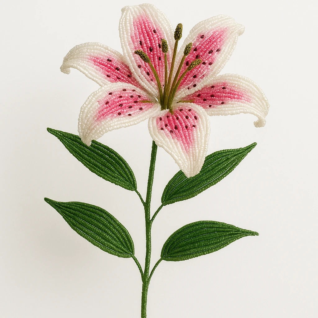 french beaded stargazer lily, handmade with glass beads, delicate wire stems, detailed pink and white petals, lush green leaves, artistic, isolated, no background emoji