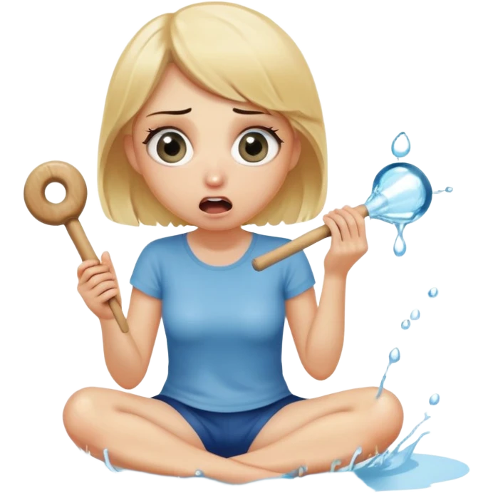 blond woman sitting on her knees with wide eyes, holding a wide skin-colored stick with a D-shaped knob, the knob has skin texture, water squirting from the flat side of the knob into her mouth, shocked face emoji