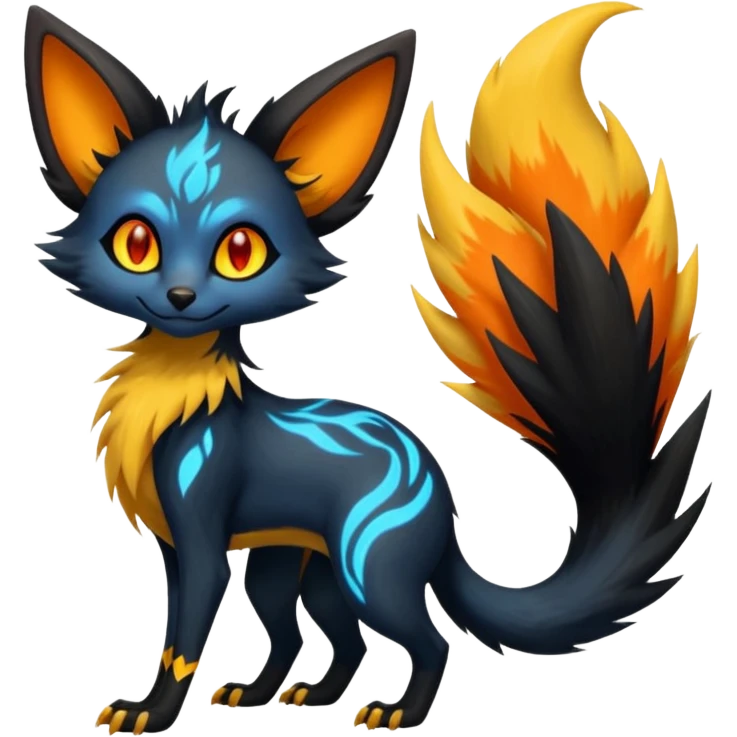 Lykoi-Fennekin-Electrike-Luxray-fusion-hybrid-animal-Fakémon-creature, full body, thin long sleek scaly tail, intricate markings emoji