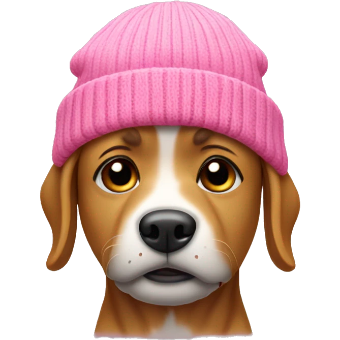 A crying dog wearing a pink beanie emoji