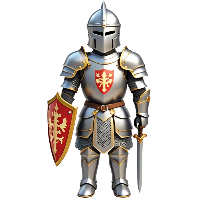 Clash of Clans aesthetic: Cinematic heroic Armored Knight Hero Emoji, rendered in a 3D vector-style similar to standard emojis with minimal shading and bold, simplified shapes. A compact, isometric warrior clad in gleaming plate armor with intricate heraldic details, softly glowing with a chivalrous medieval charm. Simplified yet unmistakably iconic, highly detailed and consistent, glowing with a soft radiant shine and high polish. Stylized with a touch of noble valor and a soft glowing outline, wearing a full face helm so that no face is visible with only eyes visible, capturing the essence of a gallant knight ready for honorable battle with a friendly, playful manner! emoji