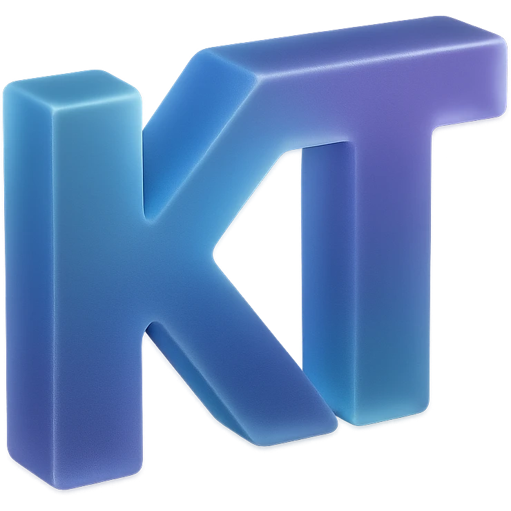 the letters KT with a fancy colorful gradient for the color with blue and purple emoji