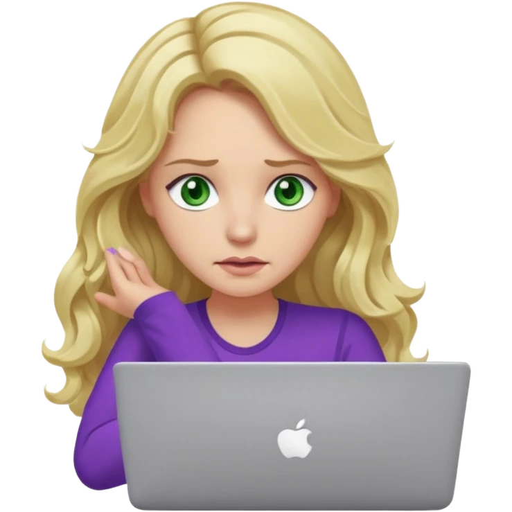 lady with long blonde wavy hair, purple top, green eyes throwing her with a laptop looking exhausted emoji