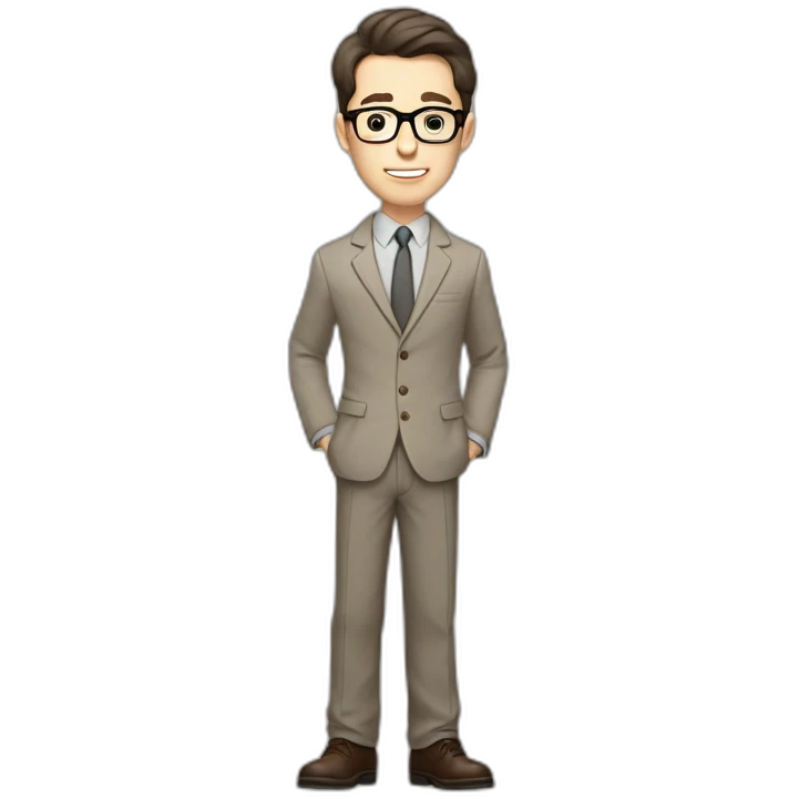 Full height Gesticulating Pale skinned fit man with dark brown hair in gray jacket, beige office shirt, brown tie, brown pants and vintage glasses. emoji