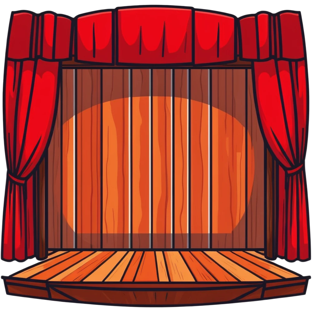 dramatic theater stage with red curtains drawn to sides, wooden planks, and bright spotlight in middle emoji