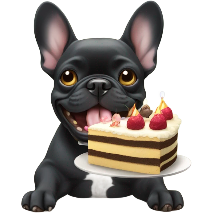 birthday of a black french bulldog eating cake emoji