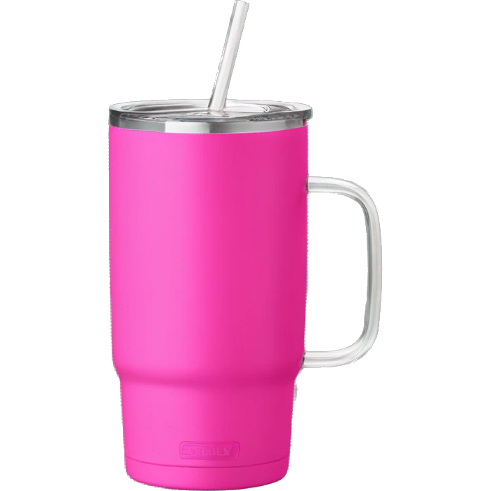 Bright pink 40oz Stanley tumbler with handle with clear straw emoji
