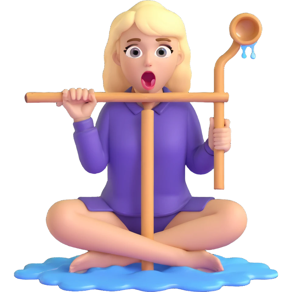 blond woman sitting on her knees with wide eyes, she's holding a wide stick with a D-shaped knob, the stick is made of skin, water squirting from the knob into her mouth, shocked face emoji