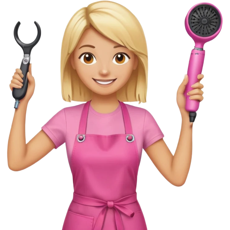 blonde female hairstylist smiling, pink t-shirt, orange apron, holding scissors and hairdryer with hands raised emoji
