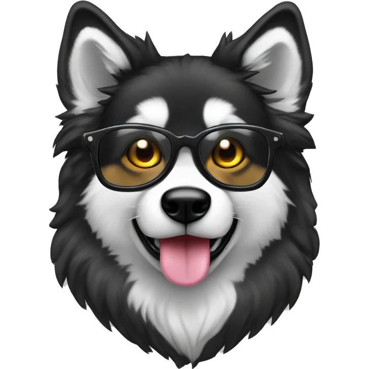 Lobo siberiano negro con blanco con heterocromia riendo con gafas  emoji