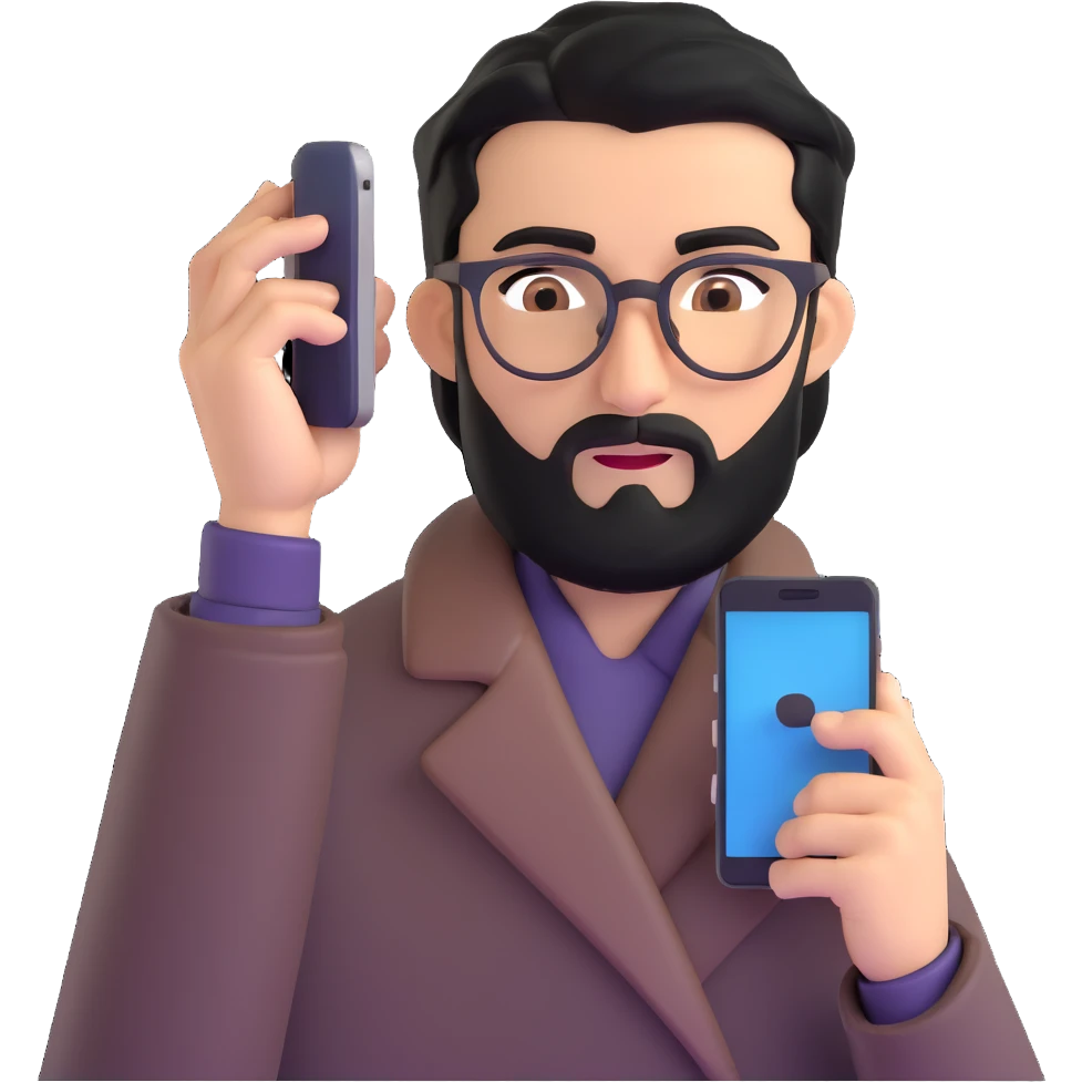 professional man with medium black beard, black hair combed to one side, connected unibrow, olive tan skin, brown eyes, glasses, prominent nose, wearing black coat, holding smartphone to ear in calling position, with subtle office background emoji