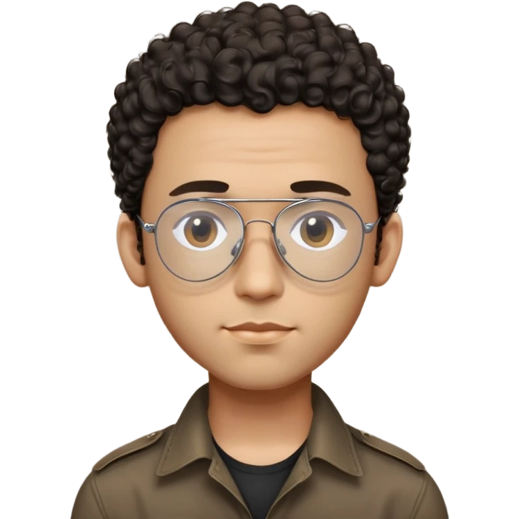 Man with small face and prominent forehead, teardrop-shaped aviator glasses, very minimal dark curly hair on top with completely shaved sides, light brown complexion, gentle expression, black button-up shirt emoji