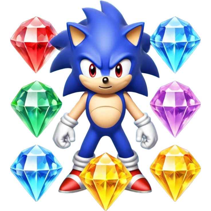 I want Sonic the hedgehog with the 7 chaos emeralds and the Goku aura transformation, where is the super Sonic aura Is a power 7 diamonds, red, blue, yellow, green, white, skyblue and purple, and Sonic changed color into yellow with the seven diamonds or chaos emeralds, and the spine is up emoji