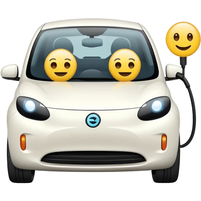 EV car with cute circle eyes, EV car charger on the right, fun emoji style emoji