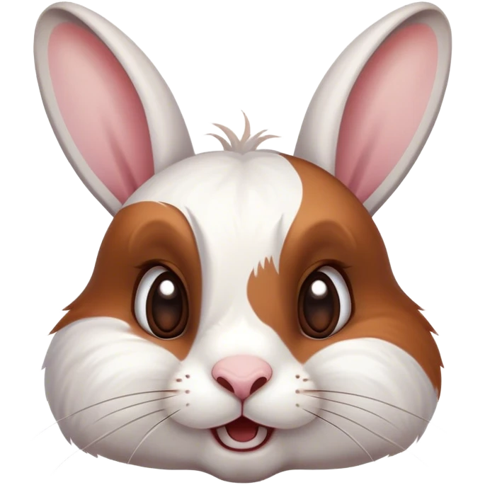 Cinematic Comical White and Brown Rabbit Portrait Emoji, Head tilted dramatically with an exaggeratedly amused expression, featuring a striking fur with a playful mix of white and brown patches, wide, expressive eyes filled with playful disbelief, Simplified yet hilariously expressive features, highly detailed, glowing with a slightly sassy glow, high shine, dramatic yet playful, stylized with an air of cheeky mischief, bright and endearing, soft glowing outline, capturing the essence of a spirited and over-the-top bunny, so meme-worthy it feels like it could side-eye its way into internet fame instantly! emoji