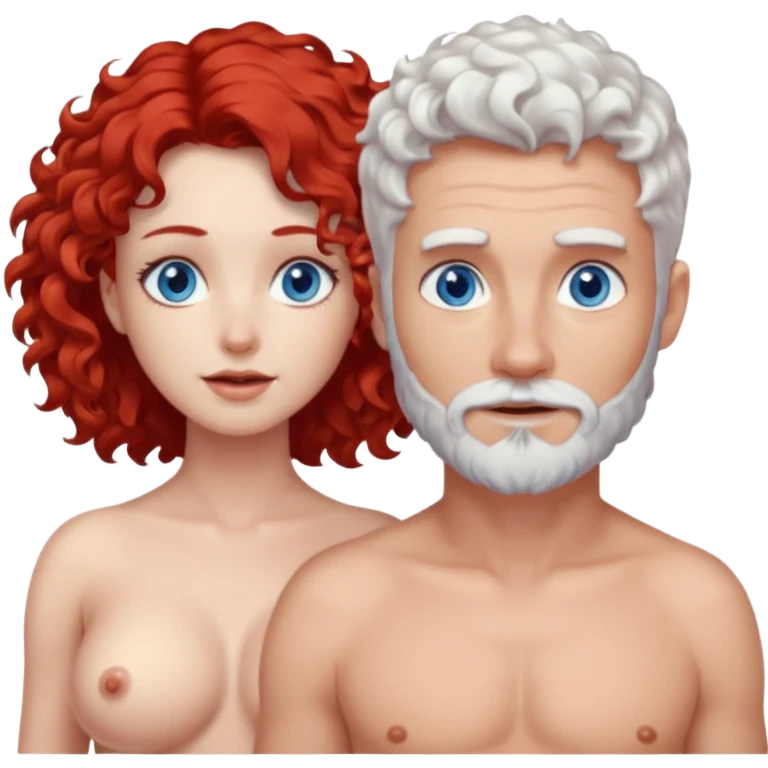 Homme nu cheveux blancs courts, yeux bleu barbe courte + femme nu gros seins rousse cheveux longs bouclés yeux bleu emoji