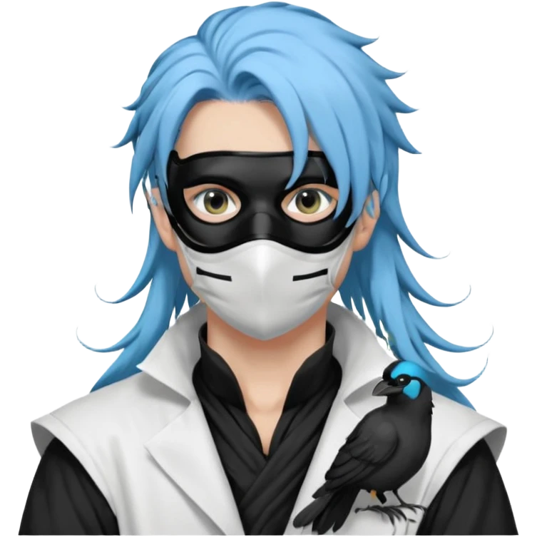Handsome sexy adult anime man with light-blue hair and a black bird beak mask that covers whole face, black face mask, black mouth mask, black feathers draped over shoulder, wearing a white lab coat, long thin hair tendrils on the sides emoji