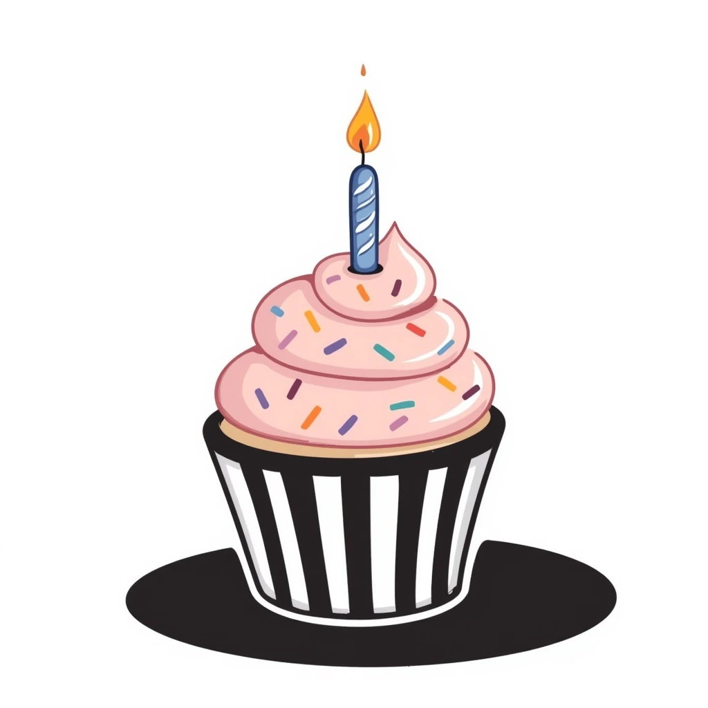 A single decorated birthday cupcake with swirled frosting, colorful sprinkles, and a lit candle on top. Using pastel colors (pink, light blue, lavender, peach). Hand-drawn doodle style with festive details. Cute celebratory design. emoji