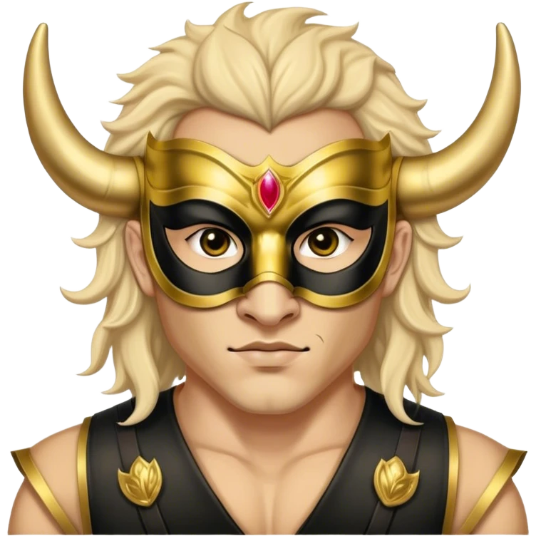 a man, with a vest,  wear half-face golden Buffalo masquerade mask emoji