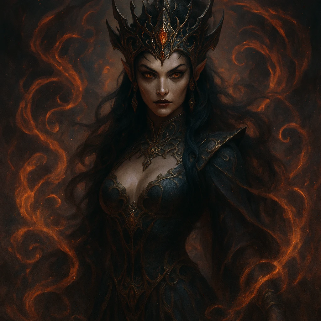 a beautiful but evil jinn queen, surrounded by swirling magic, sharp features, elaborate headdress, fantasy style emoji