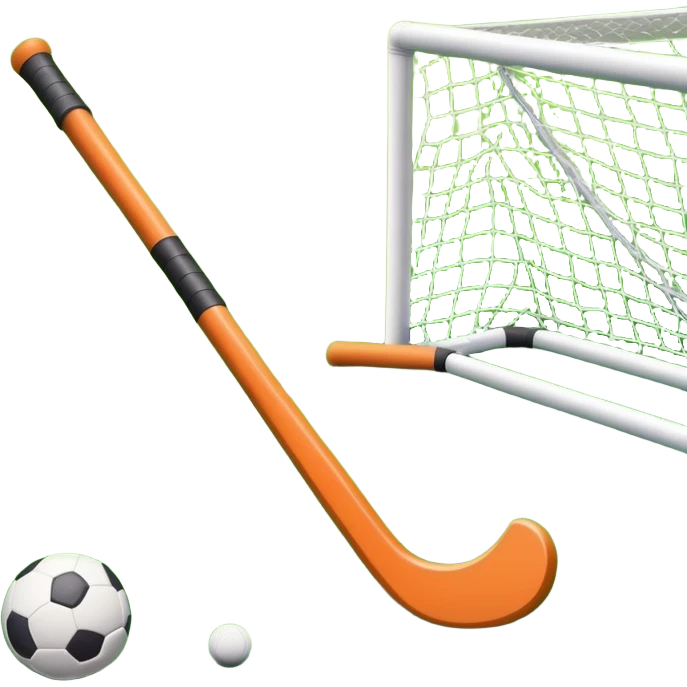 field hockey stick and ball on vibrant green grass field with goalposts emoji