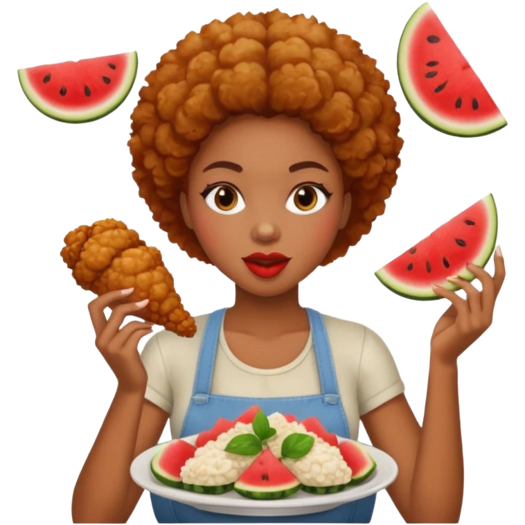 A black woman eating fried chicken and watermelon emoji