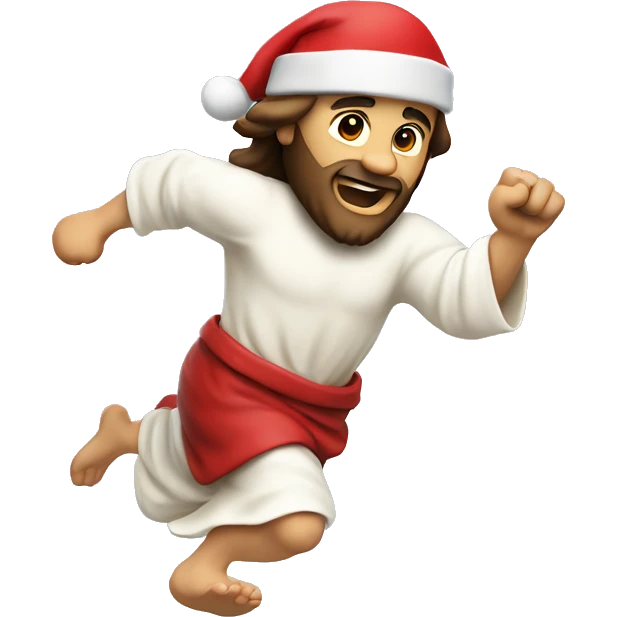Jesus sprinting, with a large stride and arms outstretched, santa hat emoji
